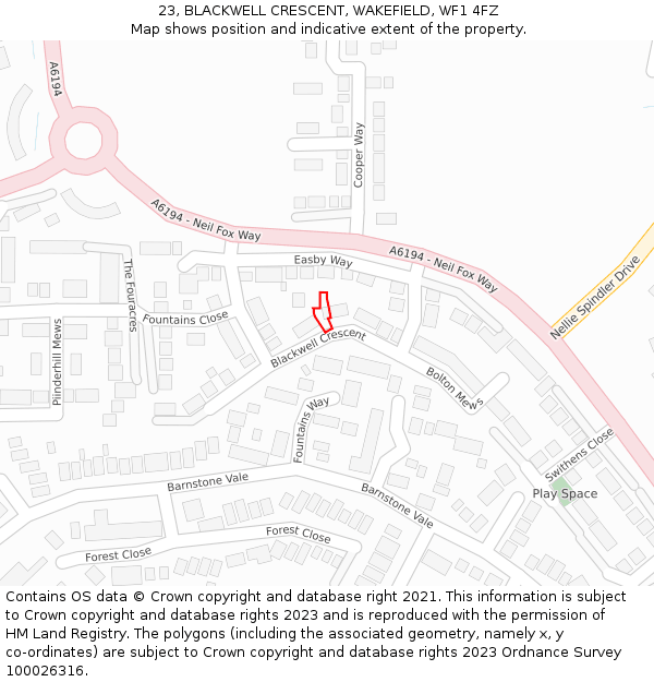 23, BLACKWELL CRESCENT, WAKEFIELD, WF1 4FZ: Location map and indicative extent of plot