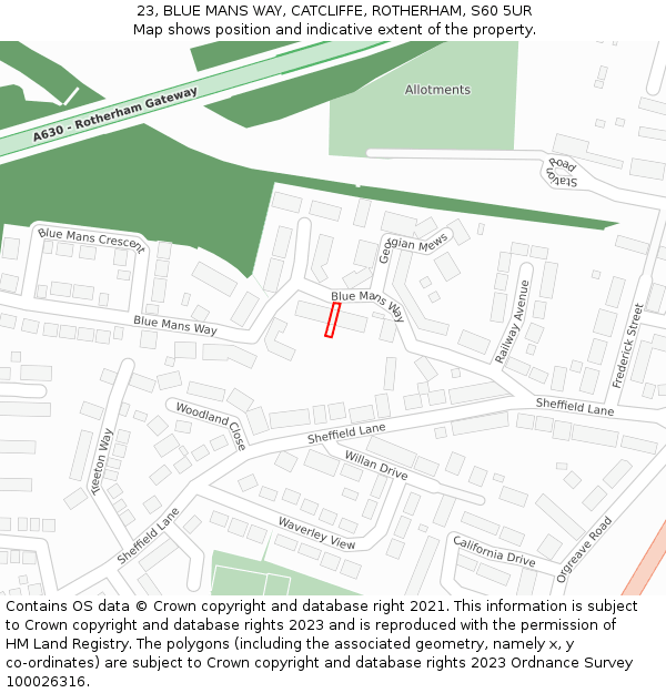 23, BLUE MANS WAY, CATCLIFFE, ROTHERHAM, S60 5UR: Location map and indicative extent of plot