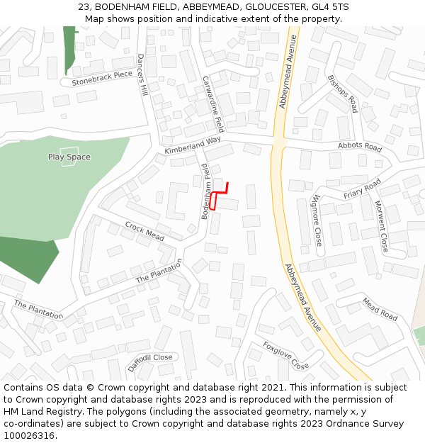 23, BODENHAM FIELD, ABBEYMEAD, GLOUCESTER, GL4 5TS: Location map and indicative extent of plot