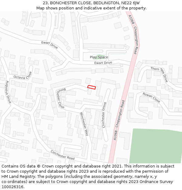 23, BONCHESTER CLOSE, BEDLINGTON, NE22 6JW: Location map and indicative extent of plot