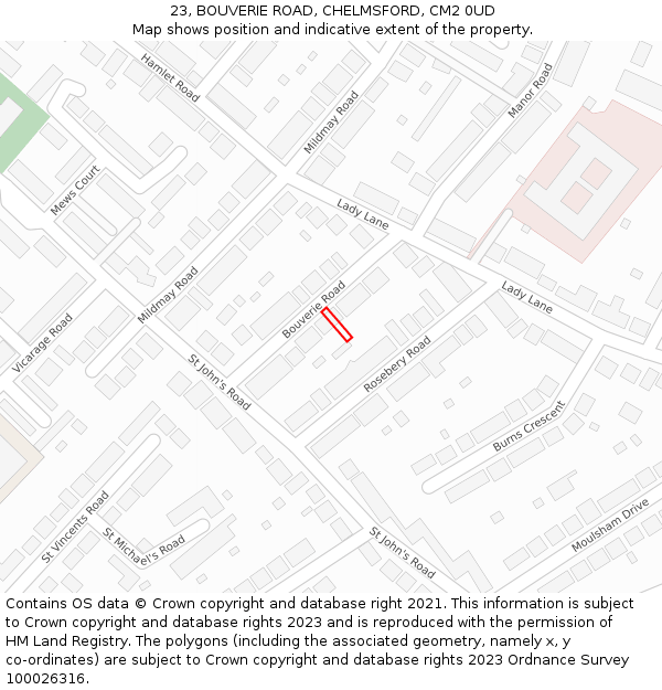23, BOUVERIE ROAD, CHELMSFORD, CM2 0UD: Location map and indicative extent of plot