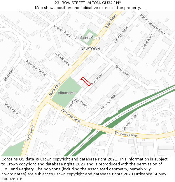 23, BOW STREET, ALTON, GU34 1NY: Location map and indicative extent of plot