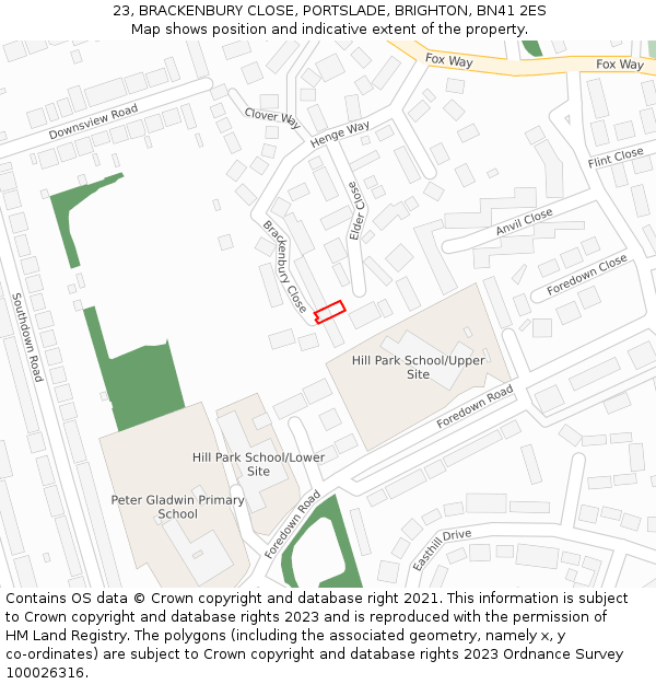 23, BRACKENBURY CLOSE, PORTSLADE, BRIGHTON, BN41 2ES: Location map and indicative extent of plot