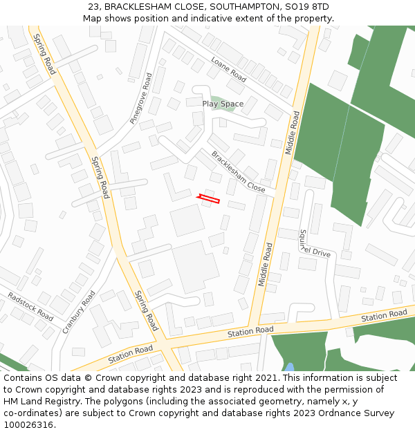23, BRACKLESHAM CLOSE, SOUTHAMPTON, SO19 8TD: Location map and indicative extent of plot
