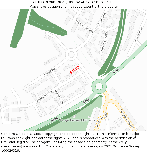 23, BRADFORD DRIVE, BISHOP AUCKLAND, DL14 8EE: Location map and indicative extent of plot