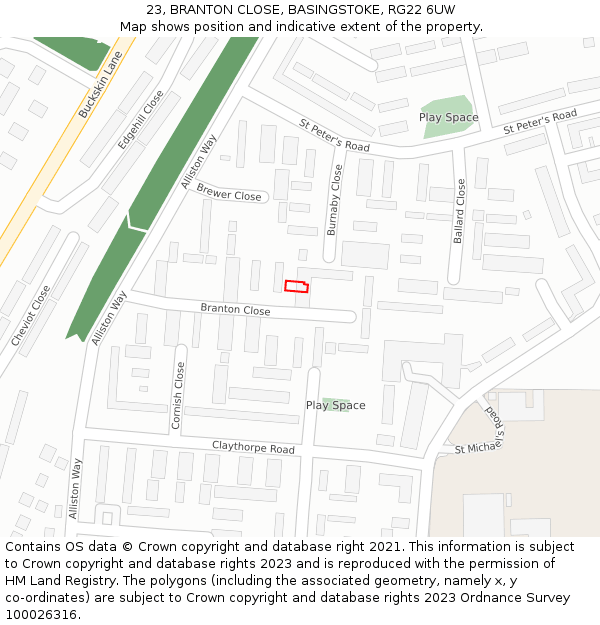 23, BRANTON CLOSE, BASINGSTOKE, RG22 6UW: Location map and indicative extent of plot