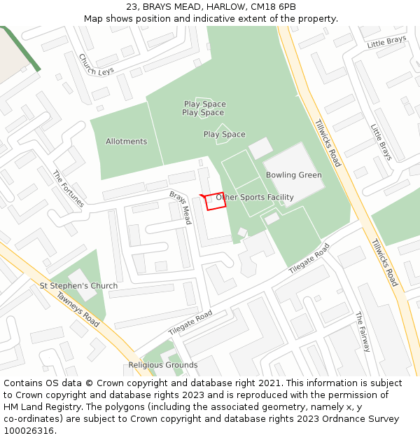 23, BRAYS MEAD, HARLOW, CM18 6PB: Location map and indicative extent of plot