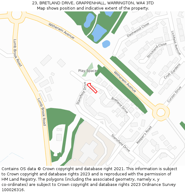 23, BRETLAND DRIVE, GRAPPENHALL, WARRINGTON, WA4 3TD: Location map and indicative extent of plot