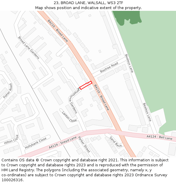 23, BROAD LANE, WALSALL, WS3 2TF: Location map and indicative extent of plot