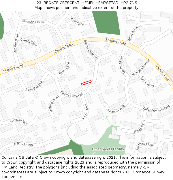 23, BRONTE CRESCENT, HEMEL HEMPSTEAD, HP2 7NS: Location map and indicative extent of plot