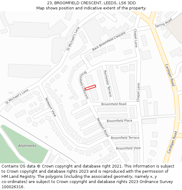 23, BROOMFIELD CRESCENT, LEEDS, LS6 3DD: Location map and indicative extent of plot