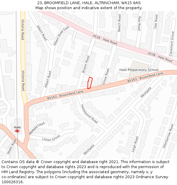 23, BROOMFIELD LANE, HALE, ALTRINCHAM, WA15 9AS: Location map and indicative extent of plot