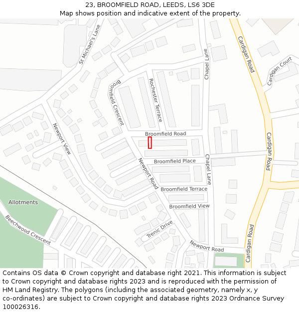 23, BROOMFIELD ROAD, LEEDS, LS6 3DE: Location map and indicative extent of plot