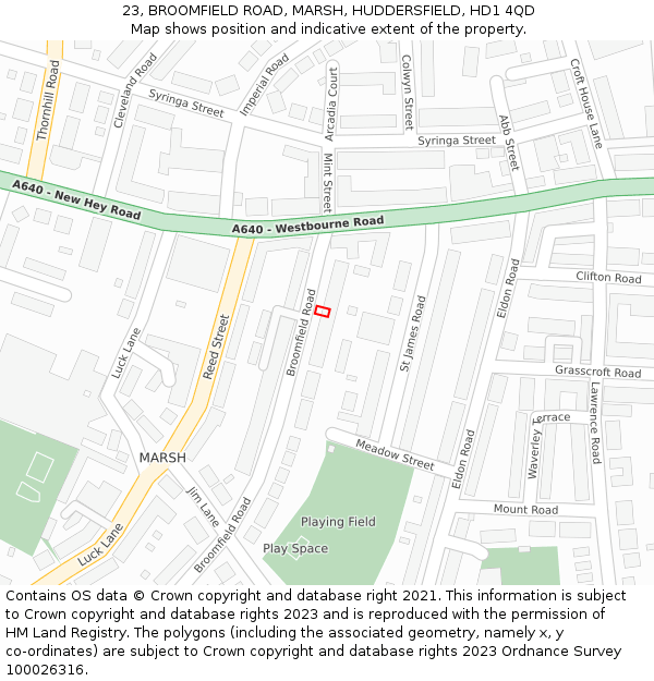 23, BROOMFIELD ROAD, MARSH, HUDDERSFIELD, HD1 4QD: Location map and indicative extent of plot