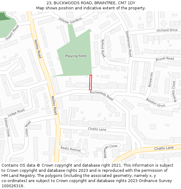 23, BUCKWOODS ROAD, BRAINTREE, CM7 1DY: Location map and indicative extent of plot