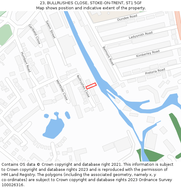 23, BULLRUSHES CLOSE, STOKE-ON-TRENT, ST1 5GF: Location map and indicative extent of plot