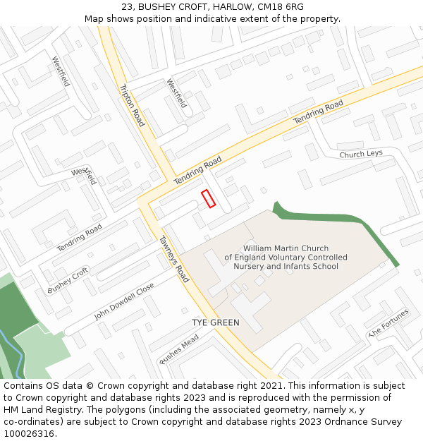 23, BUSHEY CROFT, HARLOW, CM18 6RG: Location map and indicative extent of plot