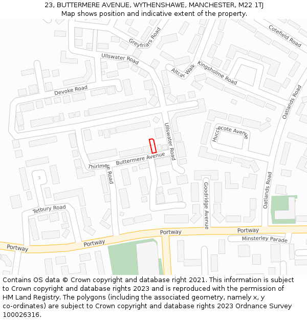 23, BUTTERMERE AVENUE, WYTHENSHAWE, MANCHESTER, M22 1TJ: Location map and indicative extent of plot