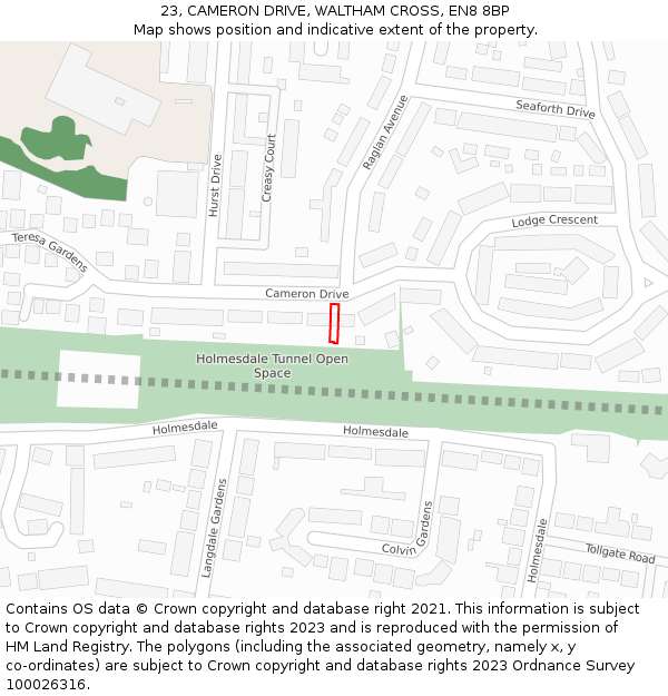 23, CAMERON DRIVE, WALTHAM CROSS, EN8 8BP: Location map and indicative extent of plot