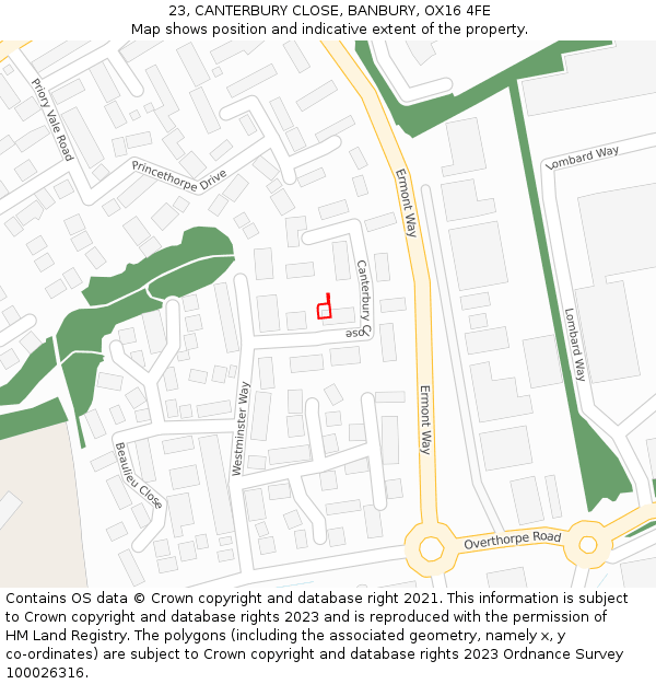23, CANTERBURY CLOSE, BANBURY, OX16 4FE: Location map and indicative extent of plot