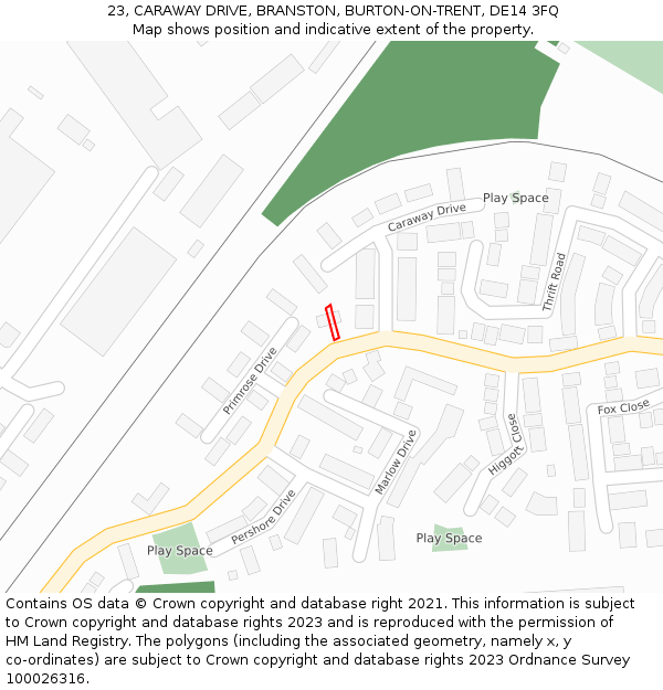 23, CARAWAY DRIVE, BRANSTON, BURTON-ON-TRENT, DE14 3FQ: Location map and indicative extent of plot