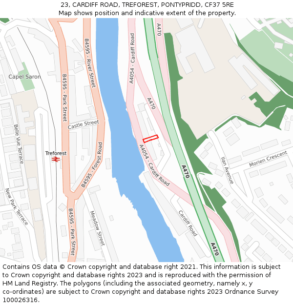 23, CARDIFF ROAD, TREFOREST, PONTYPRIDD, CF37 5RE: Location map and indicative extent of plot