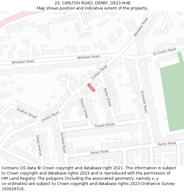 23, CARLTON ROAD, DERBY, DE23 6HB: Location map and indicative extent of plot