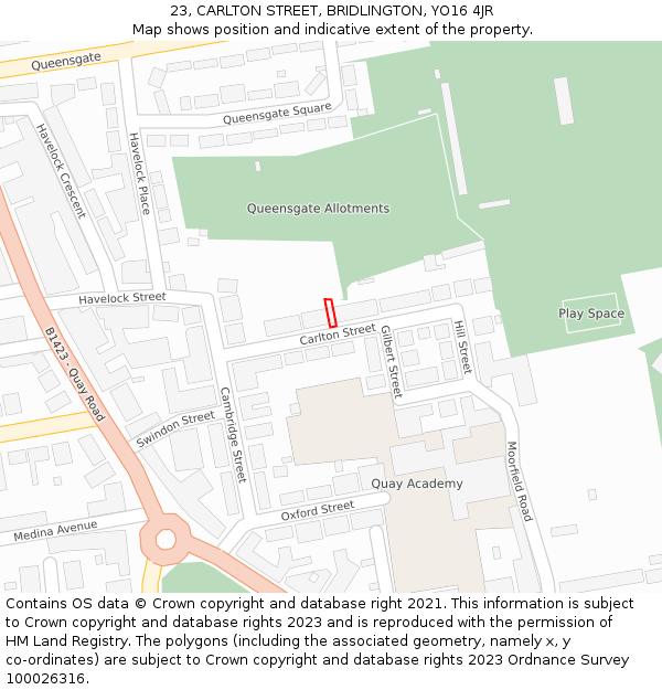 23, CARLTON STREET, BRIDLINGTON, YO16 4JR: Location map and indicative extent of plot