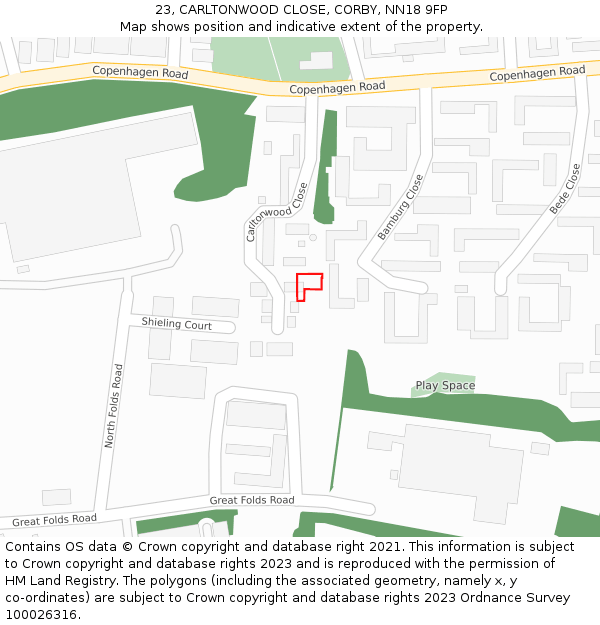 23, CARLTONWOOD CLOSE, CORBY, NN18 9FP: Location map and indicative extent of plot