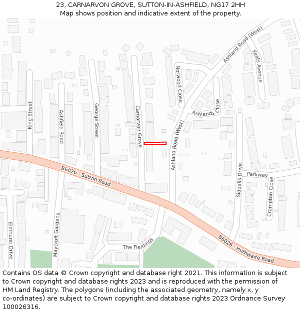 23, CARNARVON GROVE, SUTTON-IN-ASHFIELD, NG17 2HH: Location map and indicative extent of plot