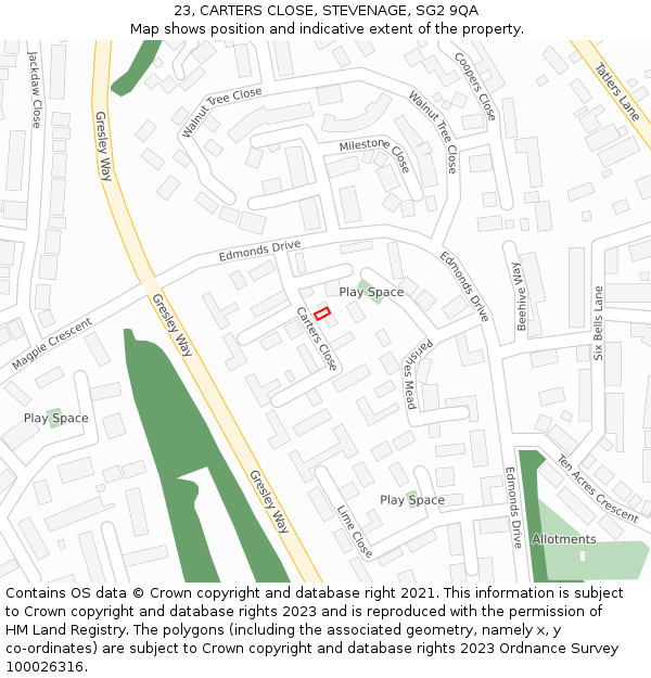 23, CARTERS CLOSE, STEVENAGE, SG2 9QA: Location map and indicative extent of plot