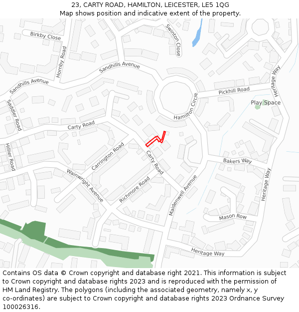 23, CARTY ROAD, HAMILTON, LEICESTER, LE5 1QG: Location map and indicative extent of plot