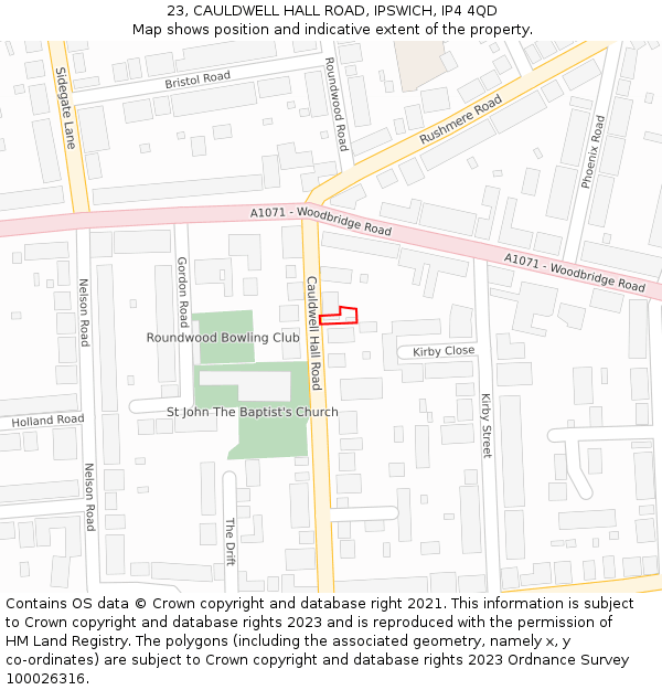 23, CAULDWELL HALL ROAD, IPSWICH, IP4 4QD: Location map and indicative extent of plot