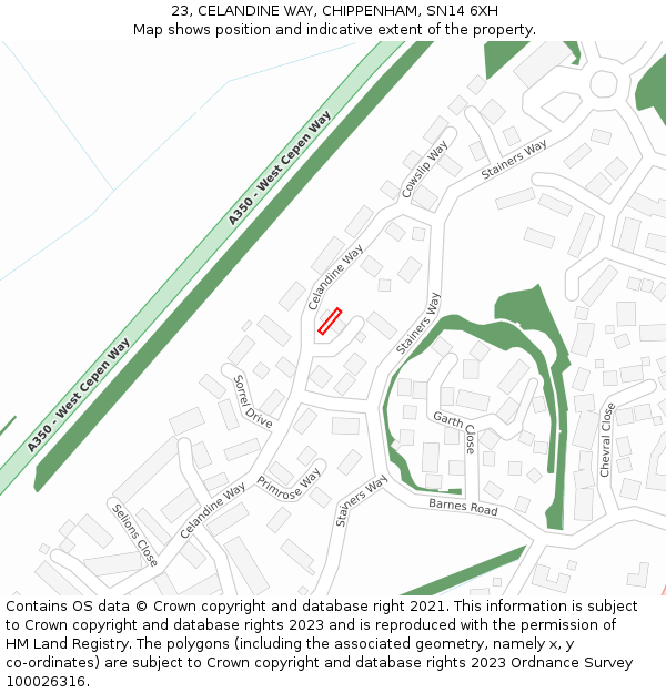23, CELANDINE WAY, CHIPPENHAM, SN14 6XH: Location map and indicative extent of plot