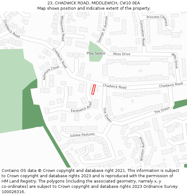 23, CHADWICK ROAD, MIDDLEWICH, CW10 0EA: Location map and indicative extent of plot