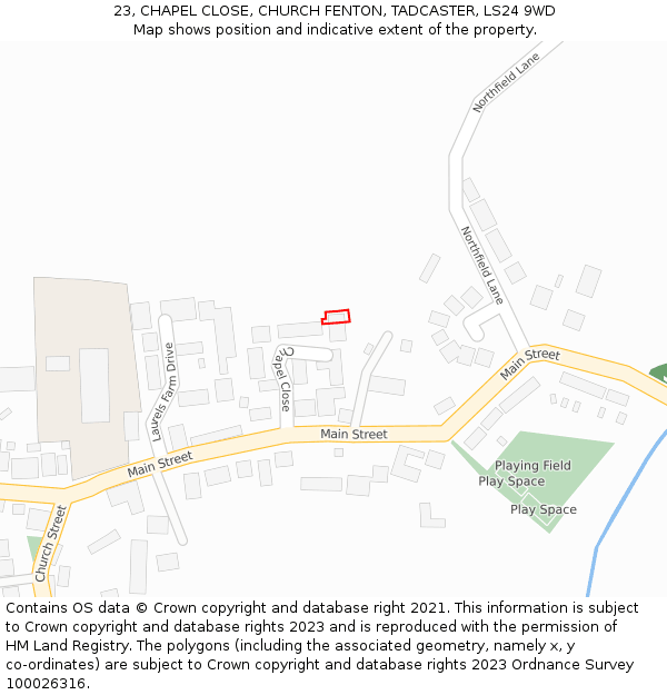 23, CHAPEL CLOSE, CHURCH FENTON, TADCASTER, LS24 9WD: Location map and indicative extent of plot