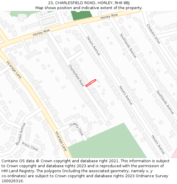 23, CHARLESFIELD ROAD, HORLEY, RH6 8BJ: Location map and indicative extent of plot
