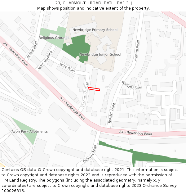 23, CHARMOUTH ROAD, BATH, BA1 3LJ: Location map and indicative extent of plot