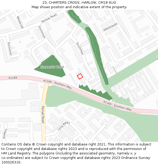 23, CHARTERS CROSS, HARLOW, CM18 6UG: Location map and indicative extent of plot