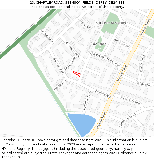 23, CHARTLEY ROAD, STENSON FIELDS, DERBY, DE24 3BT: Location map and indicative extent of plot