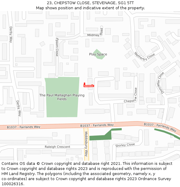 23, CHEPSTOW CLOSE, STEVENAGE, SG1 5TT: Location map and indicative extent of plot