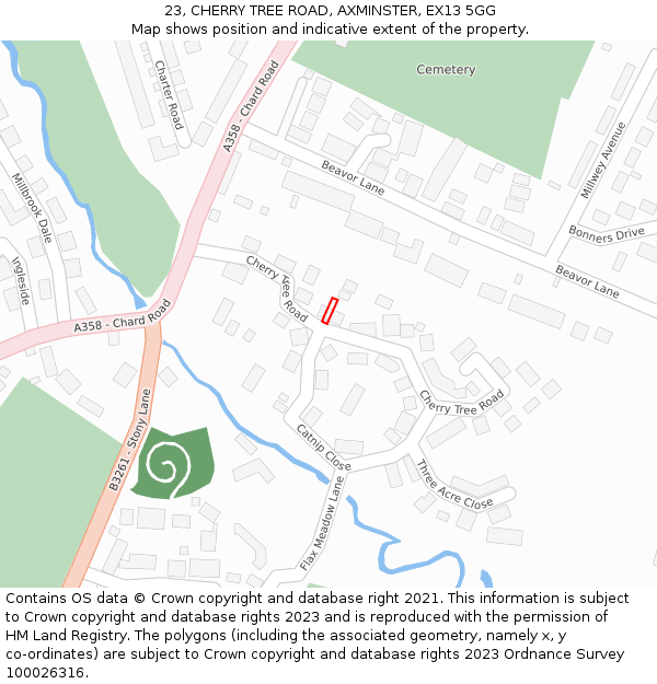 23, CHERRY TREE ROAD, AXMINSTER, EX13 5GG: Location map and indicative extent of plot