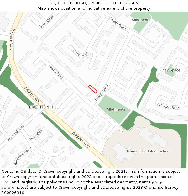 23, CHOPIN ROAD, BASINGSTOKE, RG22 4JN: Location map and indicative extent of plot