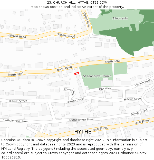 23, CHURCH HILL, HYTHE, CT21 5DW: Location map and indicative extent of plot