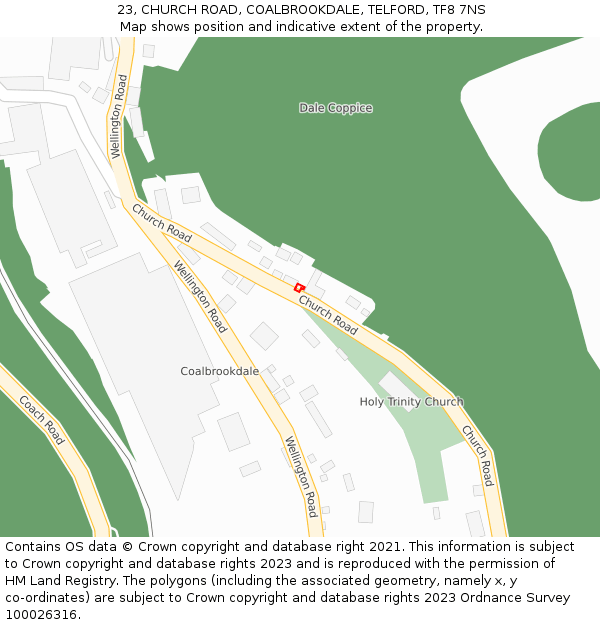 23, CHURCH ROAD, COALBROOKDALE, TELFORD, TF8 7NS: Location map and indicative extent of plot