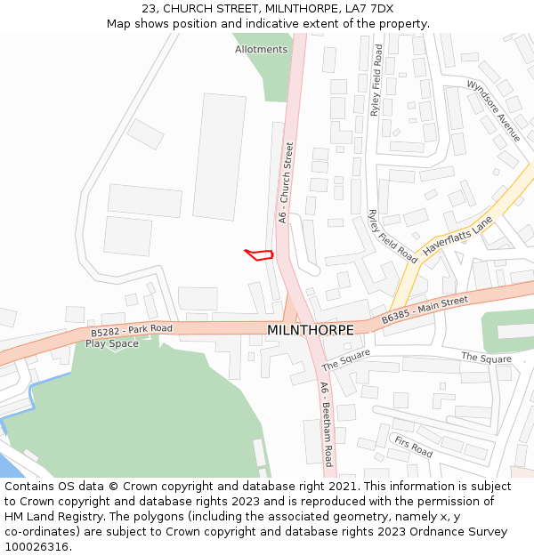 23, CHURCH STREET, MILNTHORPE, LA7 7DX: Location map and indicative extent of plot