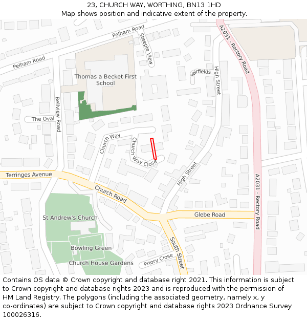 23, CHURCH WAY, WORTHING, BN13 1HD: Location map and indicative extent of plot