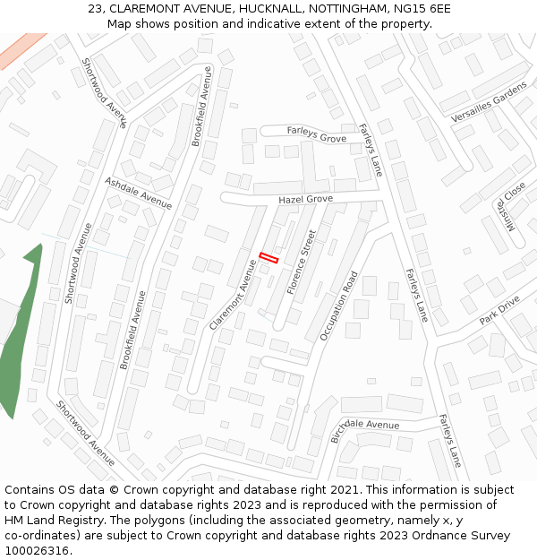 23, CLAREMONT AVENUE, HUCKNALL, NOTTINGHAM, NG15 6EE: Location map and indicative extent of plot