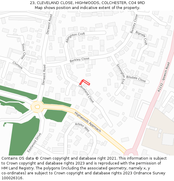 23, CLEVELAND CLOSE, HIGHWOODS, COLCHESTER, CO4 9RD: Location map and indicative extent of plot