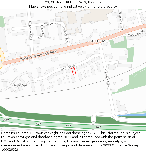 23, CLUNY STREET, LEWES, BN7 1LN: Location map and indicative extent of plot